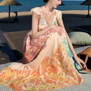 Romantic V-Neck Ruffle Sleeve Dress: French Floral Charm