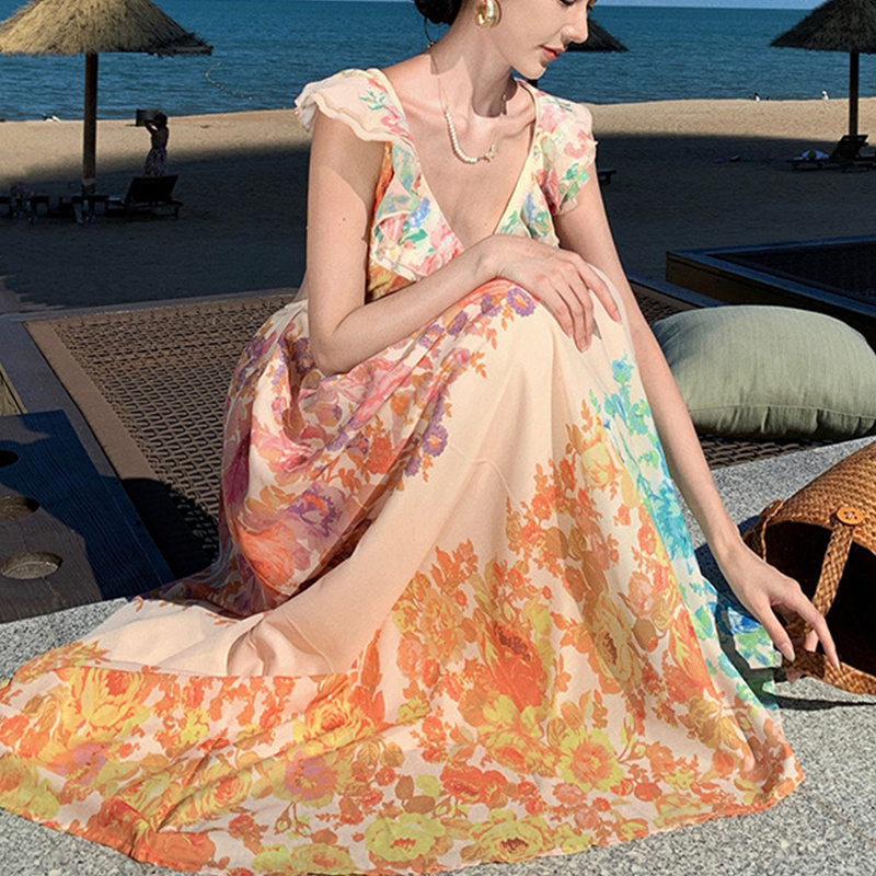 Romantic V-Neck Ruffle Sleeve Dress: French Floral Charm
