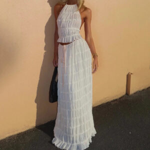 Sexy Sleeveless Backless Cropped Halter Top And Pleated Long Dress | 2pcs