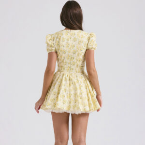 French Style V-Neck Dress: Yellow Floral Elegance