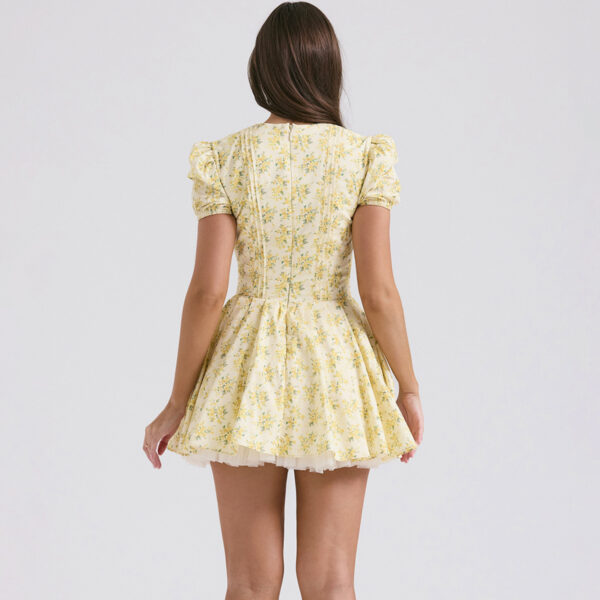 French Style V-Neck Dress: Yellow Floral Elegance