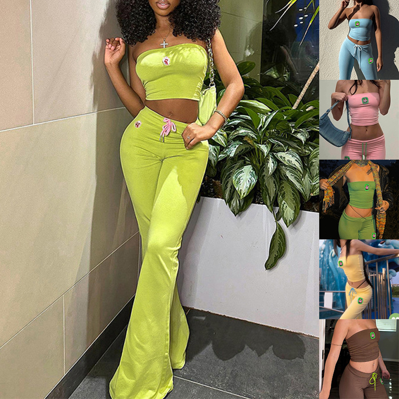 Embroidery Tube Top and High Waist Drawstring Bell-bottomed Pants Two-piece Set