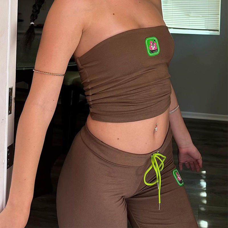 Embroidery Tube Top and High Waist Drawstring Bell-bottomed Pants Two-piece Set