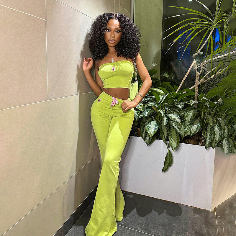 Embroidery Tube Top and High Waist Drawstring Bell-bottomed Pants Two-piece Set