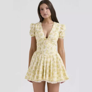 French Style V-Neck Dress: Yellow Floral Elegance