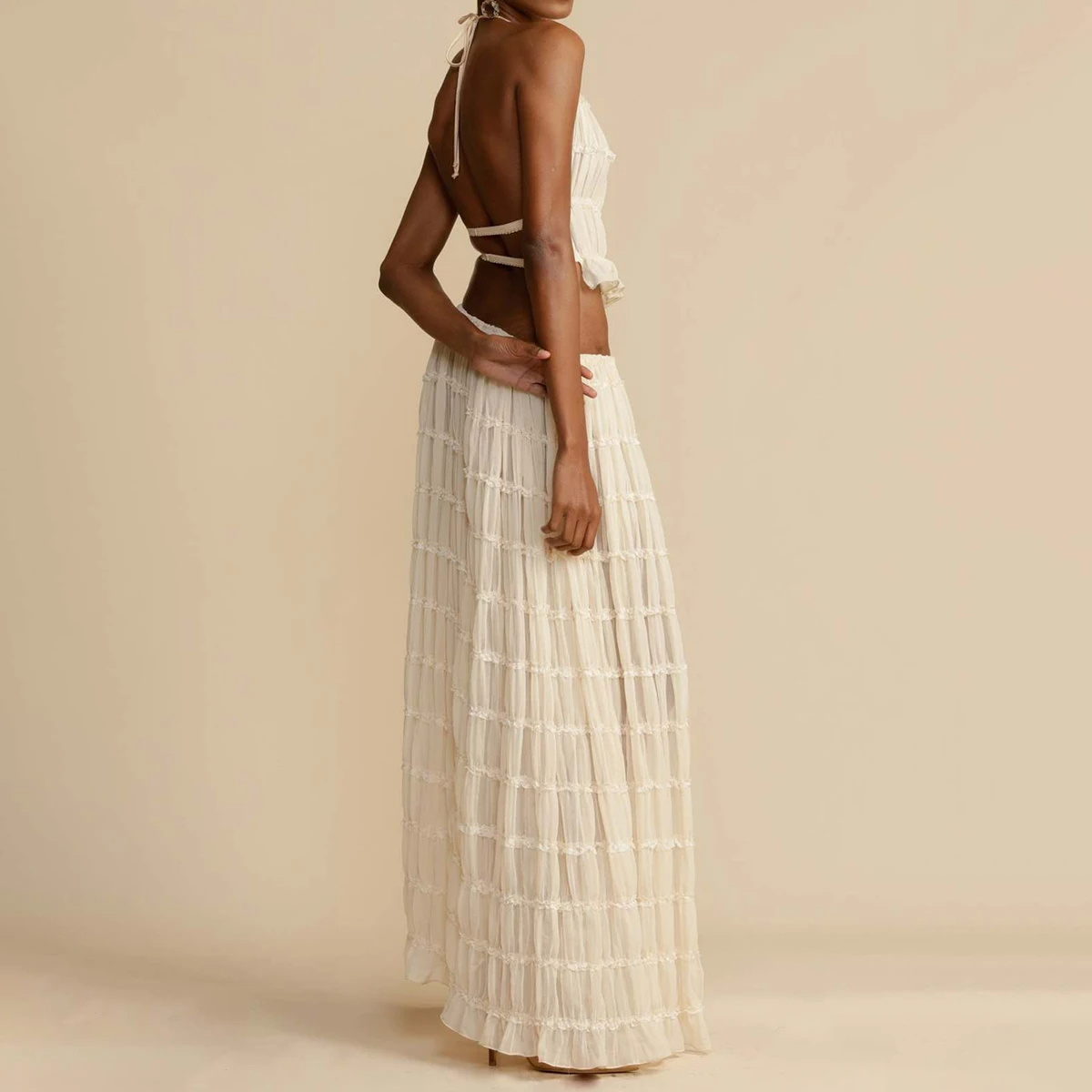 Sexy Sleeveless Backless Cropped Halter Top And Pleated Long Dress | 2pcs
