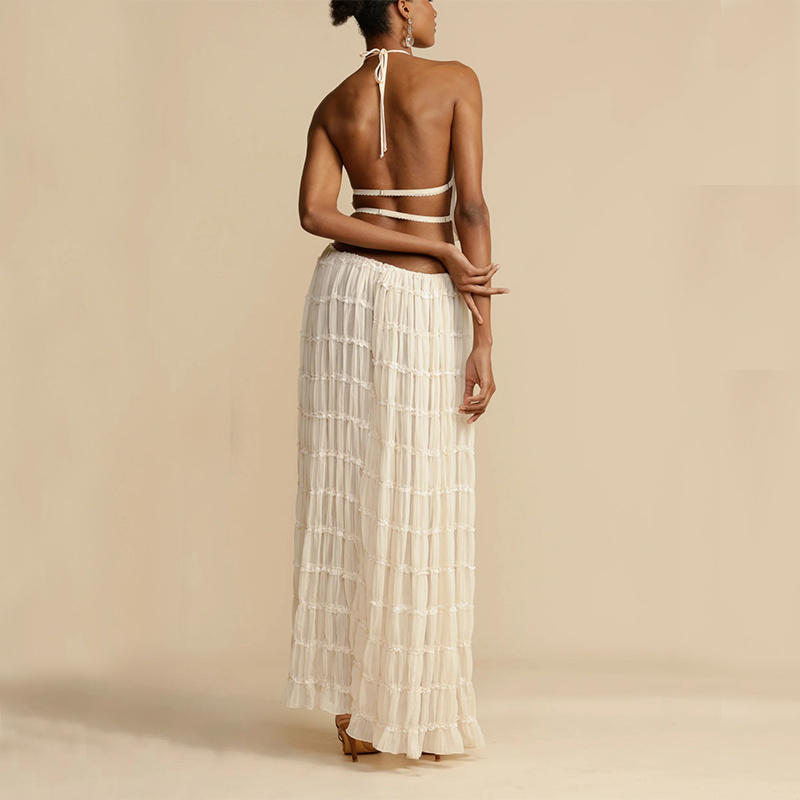 Sexy Sleeveless Backless Cropped Halter Top And Pleated Long Dress | 2pcs