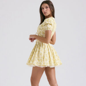 French Style V-Neck Dress: Yellow Floral Elegance