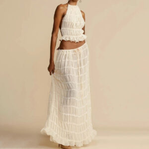Sexy Sleeveless Backless Cropped Halter Top And Pleated Long Dress | 2pcs