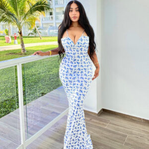 Women's Fashion Flowers Print Suspender Long Dress | Summer Lace-up Slim Backless Dresses