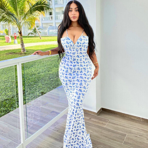 Women's Fashion Flowers Print Suspender Long Dress | Summer Lace-up Slim Backless Dresses