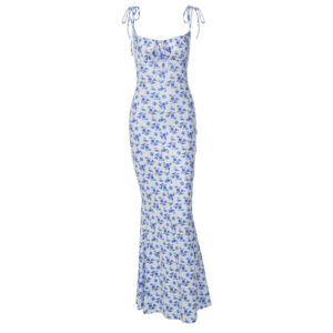 Women's Fashion Flowers Print Suspender Long Dress | Summer Lace-up Slim Backless Dresses