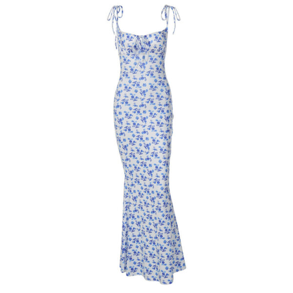 Women's Fashion Flowers Print Suspender Long Dress | Summer Lace-up Slim Backless Dresses